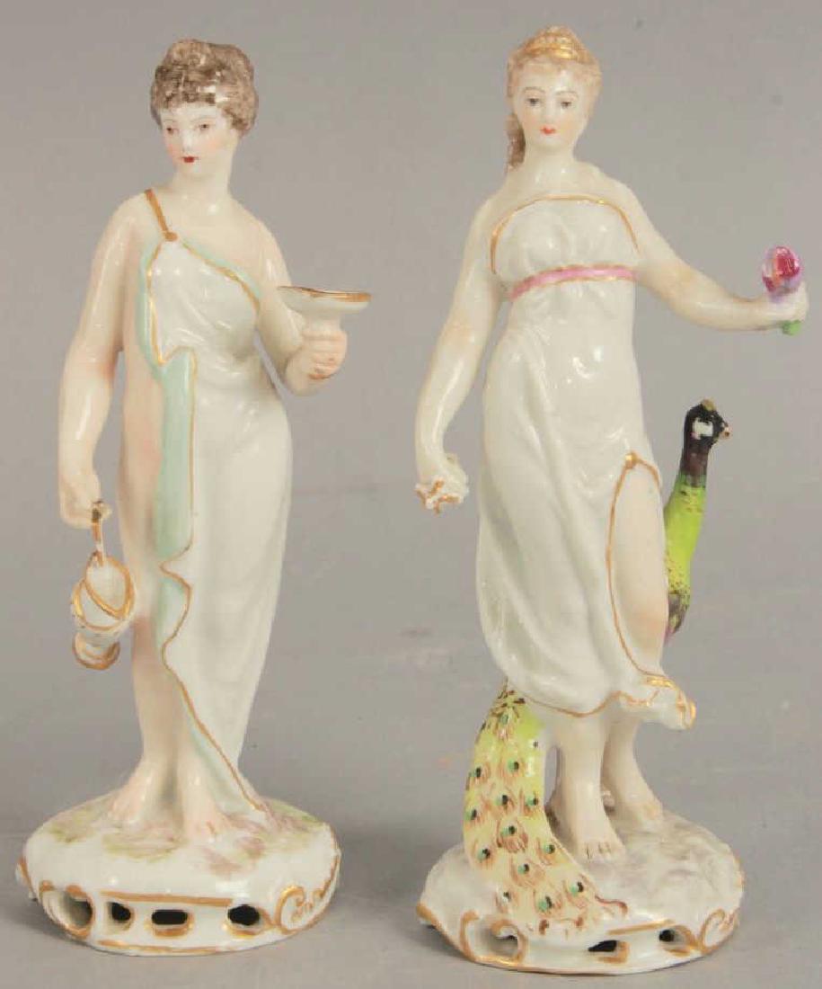 2 Meissen Porcelain Greco-Roman Maiden Figurines: 2 Meissen Porcelain Greco-Roman Maiden Figurines. Each featuring hand painted and gilt details, and having a crossed sword mark on the bottom. Largest measures 6 inches x 2.5 inches x 2 inches.