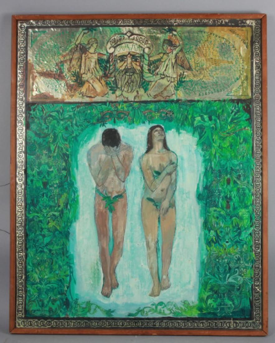 Framed Folk Art Painting on Board of Adam & Eve: Framed Folk Art Painting on Board of Adam & Eve. Having a neoclassical inspired design, framed under glass. Measures 20.5 inches x 24.5 inches in frame.