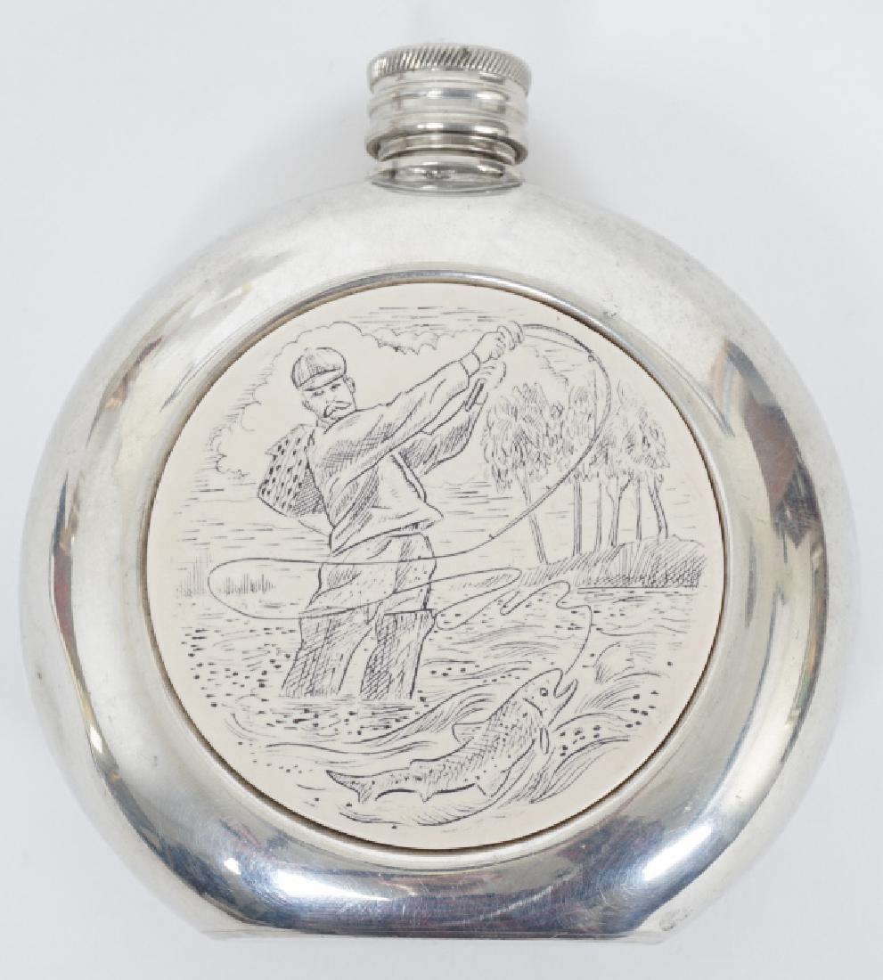 English Sheffield Pewter Faux Scrimshaw Flask: English Sheffield Pewter Faux Scrimshaw Flask. Marked on the bottom. Measures 4 inches in height.