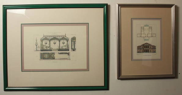 Pair Architectural Framed Lithographs: Pair Architectural Framed Lithographs. One is entitled the Architecture of Andrea Palladio. The other is entitled Galerie - Serre. Largest measures 36 inches x 44 inches