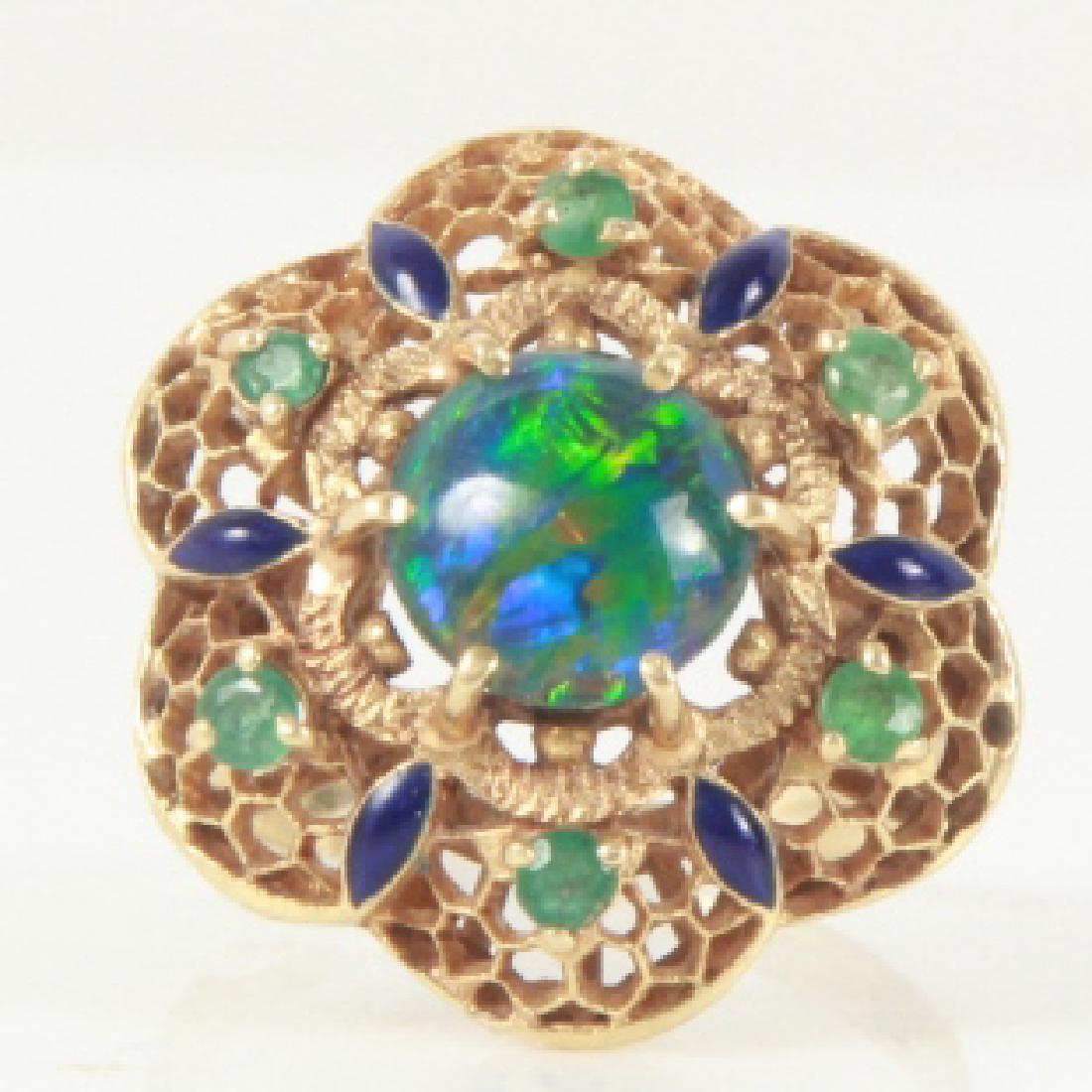 Estate 18kt Yellow Gold Opal Emerald Enamel Ring (1 of 5)