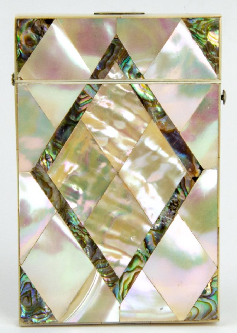 Antique 19th C Mother of Pearl & Abalone Card Case: Antique 19th C Mother of Pearl & Abalone Card Case. Hand carved scene of bird with flowers. Measures 4.25 x 2.75 inches.