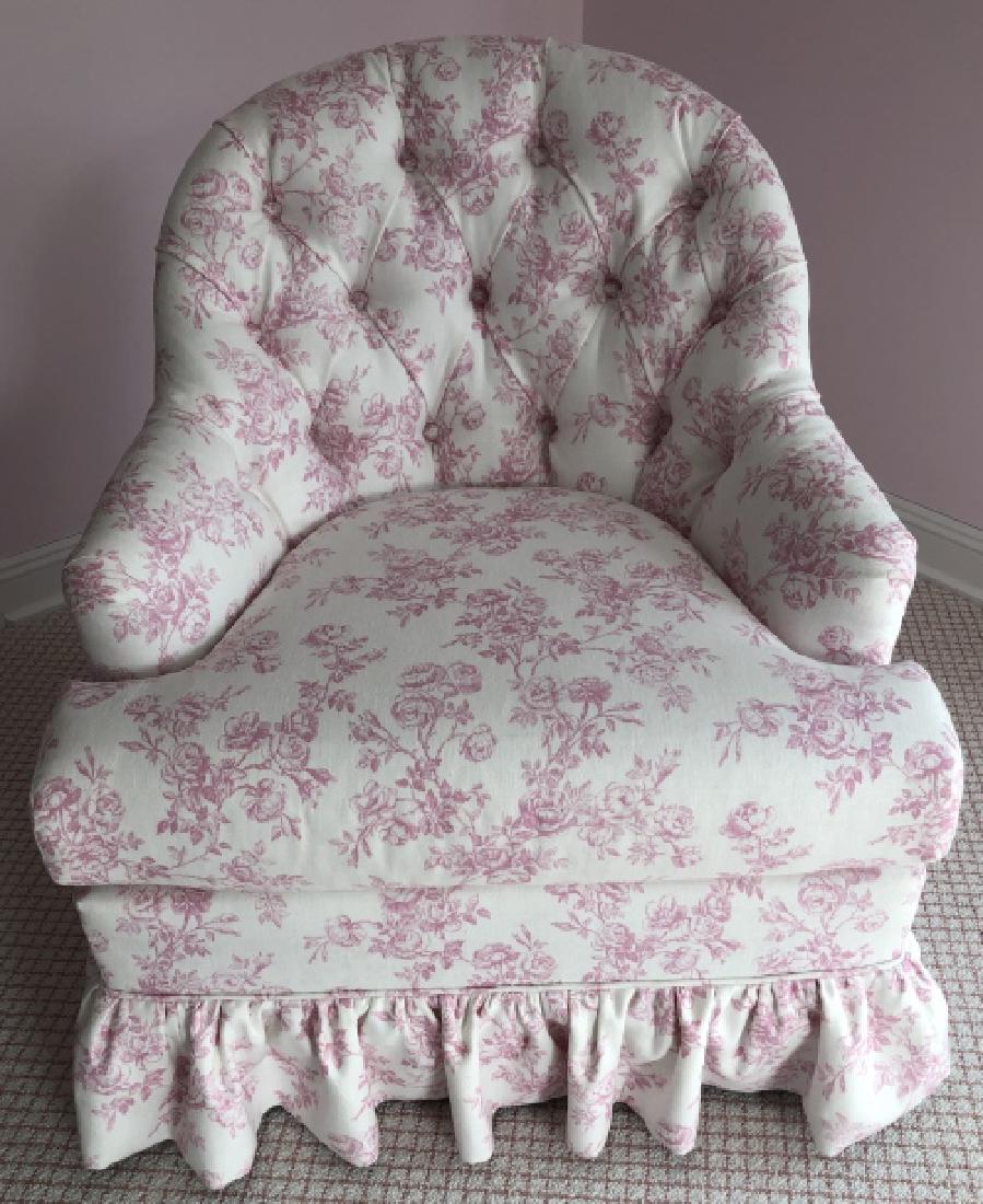 Shabby Chic Style Floral Upholstered Arm Chair: Shabby Chic Style Floral Upholstered Arm Chair. Having a tufted back. 33 inches x 29 inches x 29 inches.