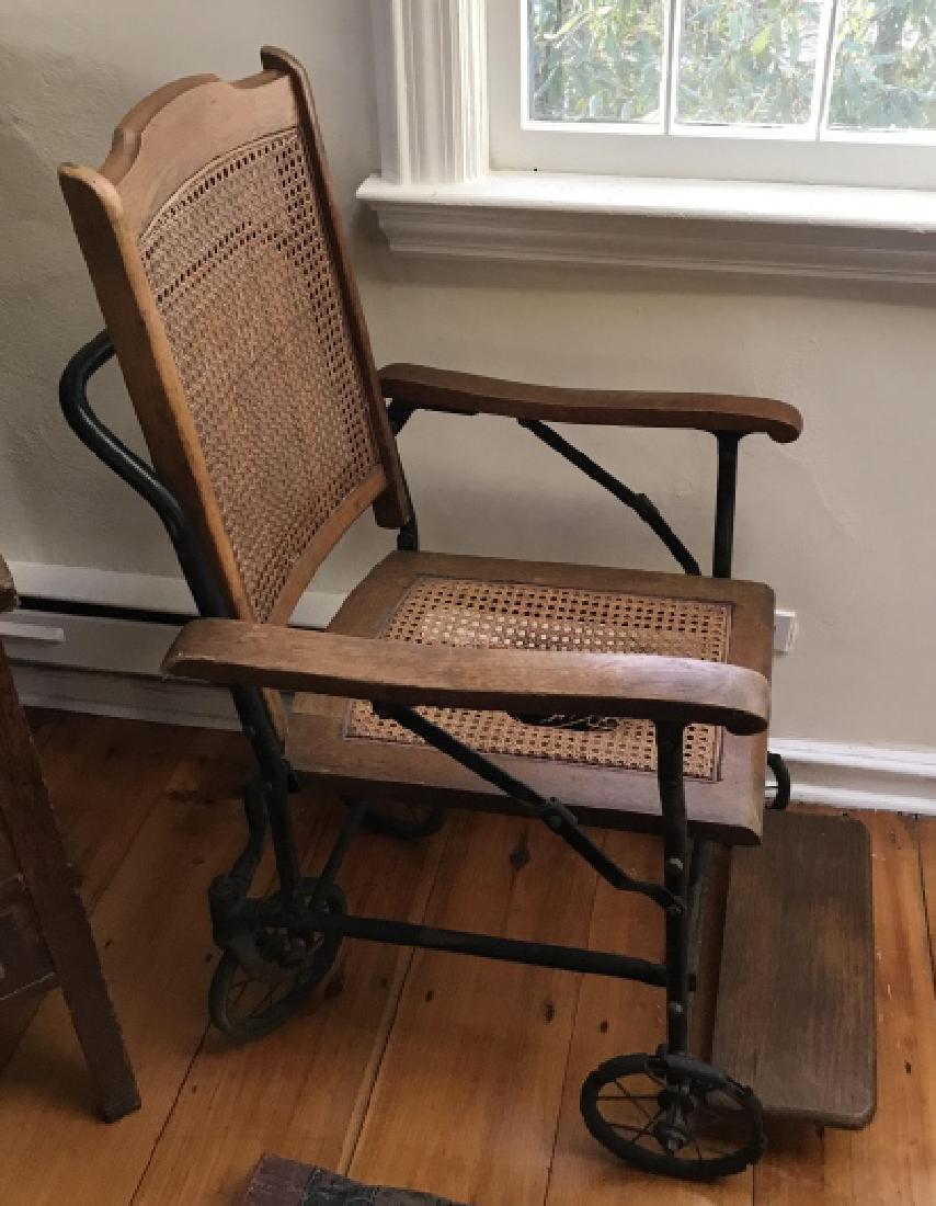 Antique Carved Oak, Caned & Iron Frame Wheel Chair (1 of 3)
