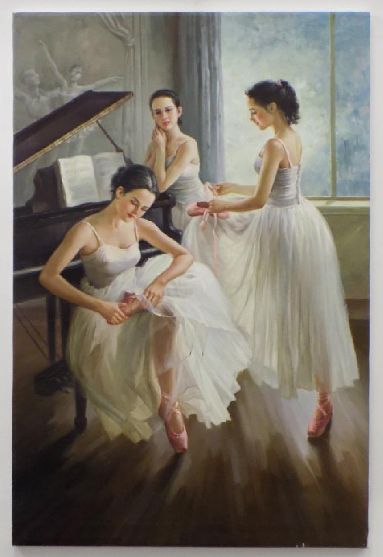 Canvas Giclee Print W Over Paint of Ballerinas: Canvas Giclee Print W Over Paint of Ballerinas. Depicting three ballerinas at a piano. Measures 36 inches x 24 inches.