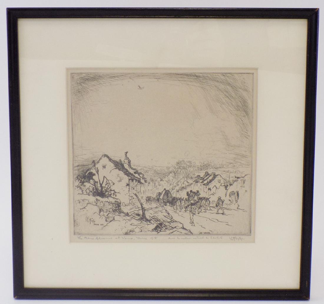 Lester George Hornby "The Marne Advance at Vaux": Lester George Hornby "The Marne Advance at Vaux". This engraving is pencil signed by the artist Lester George Hornby (American, 1882-1956) in the lower right. Professionally matted and framed. Frame m