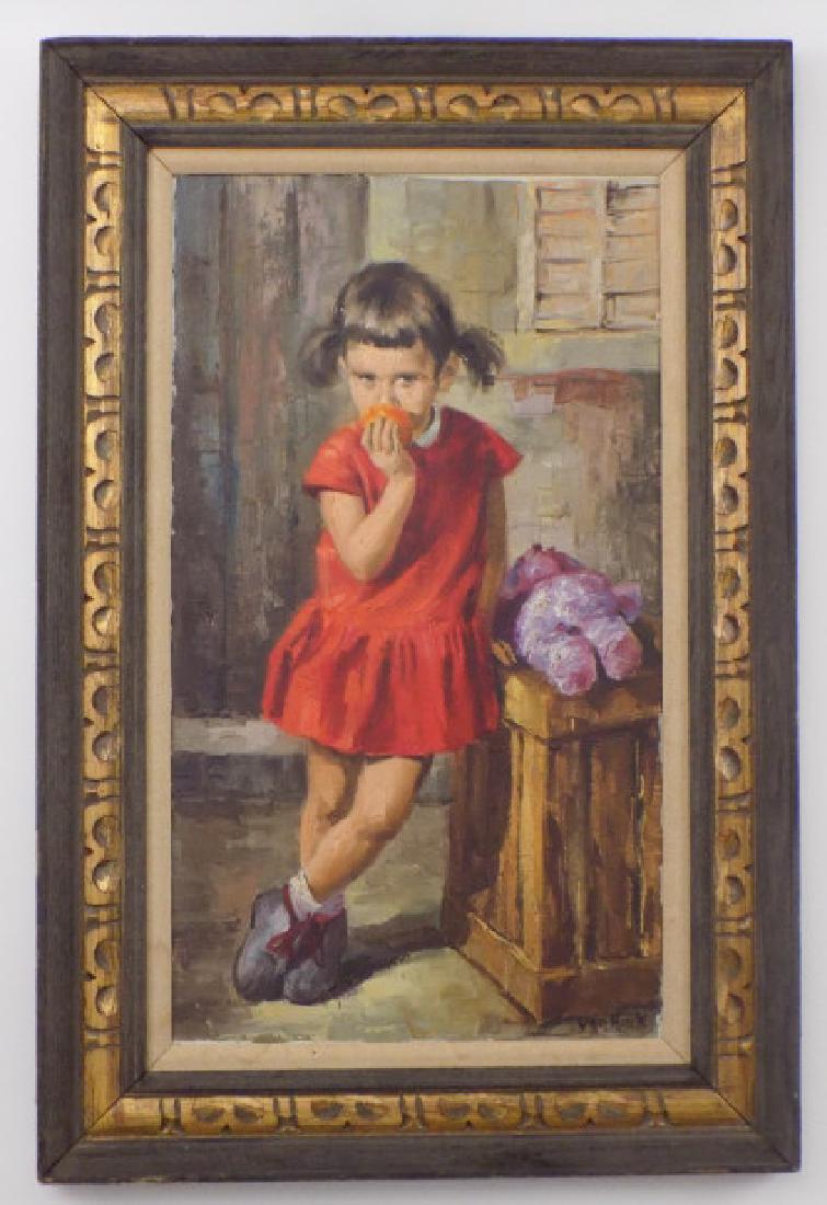 Van Henk Signed Oil Painting of Girl With Apple: Van Henk Signed Oil Painting of Girl With Apple. This oil on canvas painting of a girl eating an apple is signed Van Henk in the lower right hand corner and professionally framed. Frame measures 36 in