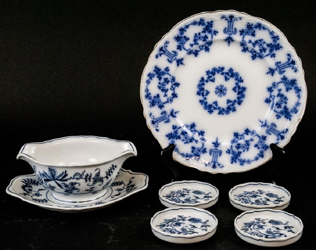 Ant. Alfred Meakin Plate & Blue Danube Serve Ware: Ant. Alfred Meakin Plate & Blue Danube Serve Ware. This lot includes an antique bone china flow blue plate by Alfred Meakin in "The Holland" pattern, one vintage porcelain gravy boat by Blue Danube, a