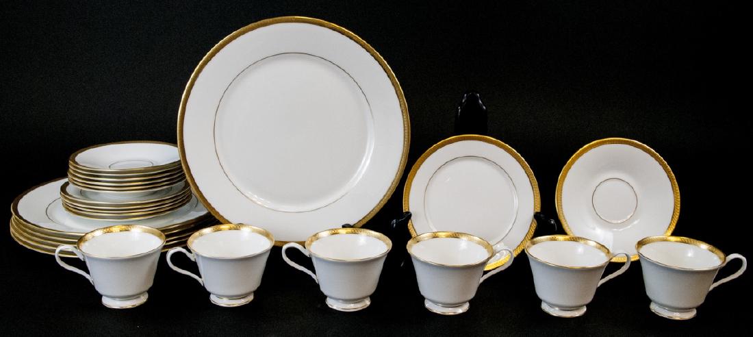 Oxford Bone China Bennington Partial Service: Oxford Bone China Bennington Partial Service. Bone china partial service by Oxford in their "Bennington" pattern. Includes 6 dinner plates, 6 dessert plates, 7 saucers, 6 coffee cups. Made in the U.S.