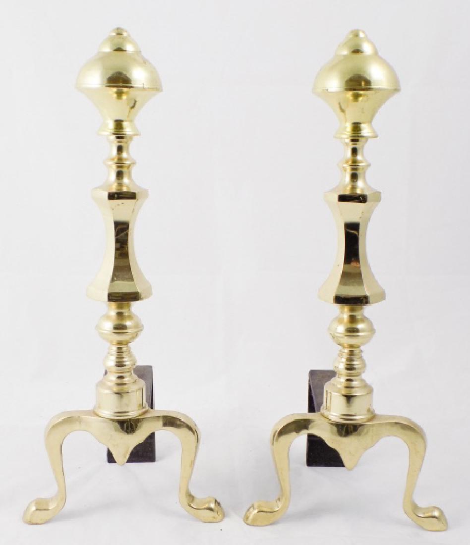 Pair of Traditional Style Brass Andirons: Pair of Traditional Style Brass Andirons. Each measures 17.5 inches x 7.5 inches x 6 inches.
