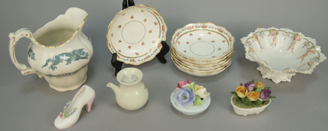 Lot of English Porcelain Serve Ware & Decorative: Lot of English Porcelain Serve Ware & Decorative Objects. Includes one pitcher, four small figurines, one compote and 7 dishes. Includes pieces by Staffordshire, Booths, and Ansley. Pitcher measures 6