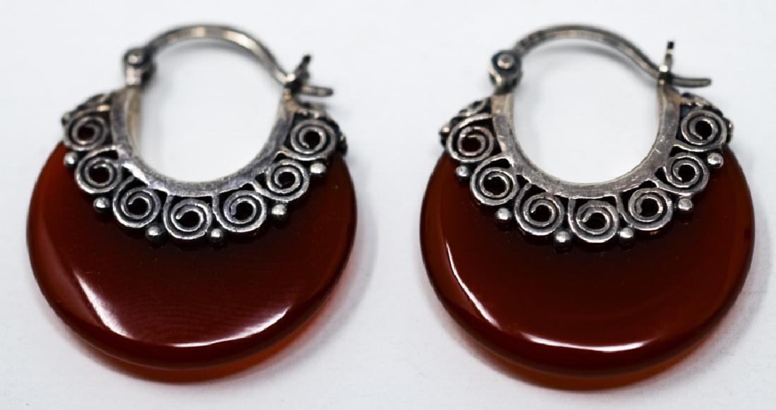 Pair Vintage Sterling & Carnelian Hoop Earrings: Pair Vintage Sterling Silver & Carnelian Hoop Earrings. Each measures 1 inch in length.