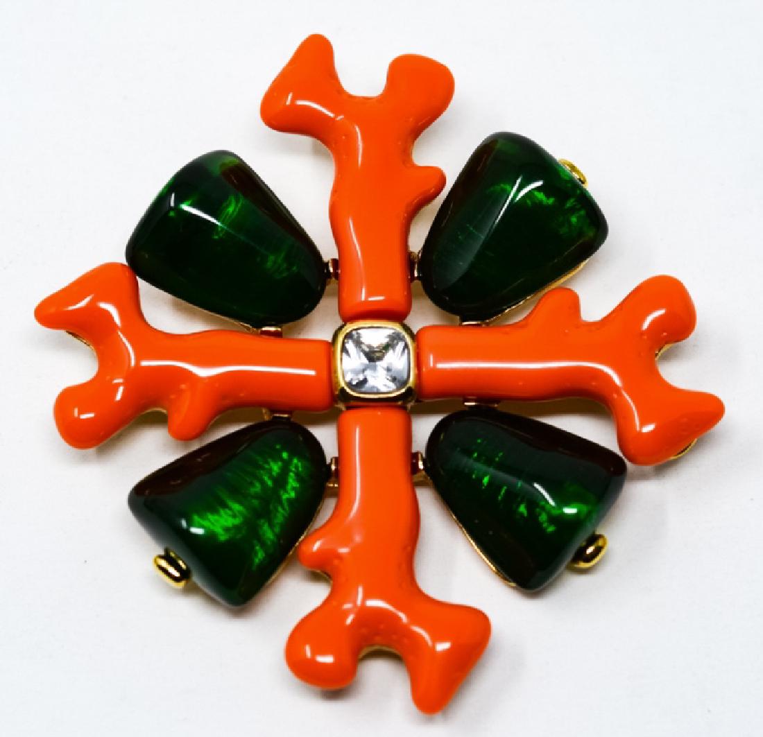 Kenneth J Lane Faux Coral & Emerald Gilt Metal Pin: Kenneth J Lane Faux Coral & Emerald Gilt Metal Pin / Brooch. Large vintage gilt metal brooch with faux coral and faux emerald design. Marked KJL on back. Measures 3.25 inches in diameter.