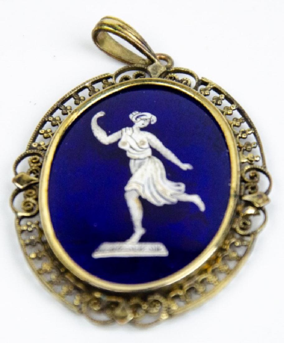Antique Limoges Style Enamel Necklace Pendant: Antique Limoges Style Enamel Necklace Pendant. Vermeil silver filigree frame with a Neo Classical / Greco Roman woman at center done in blue and white enamel in the Limoges style. Measures 2 inches in