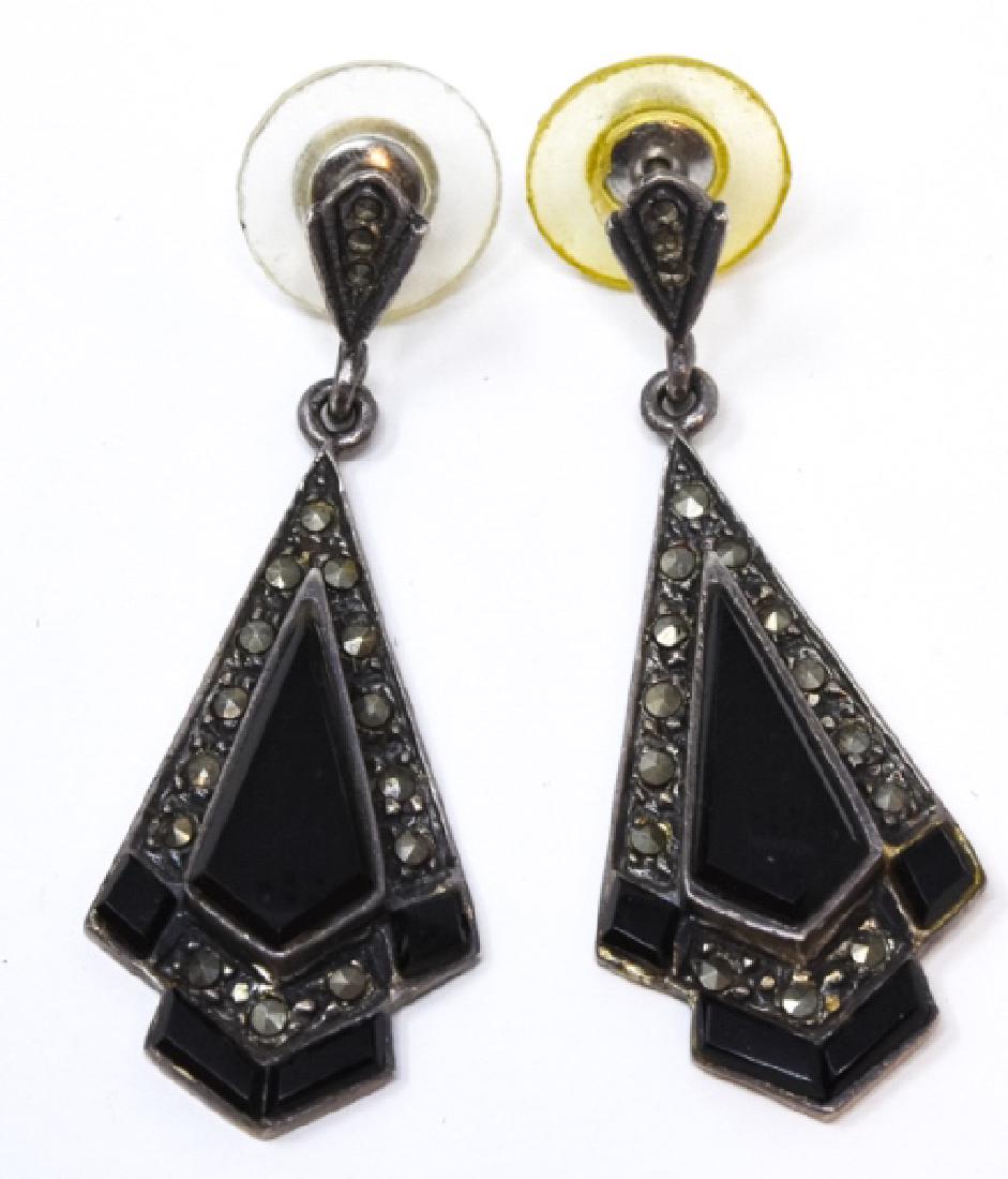 Art Deco Sterling Silver Marcasite & Onyx Earrings: Art Deco Sterling Silver Marcasite & Onyx Earrings. Measures 1.75 inches in length.