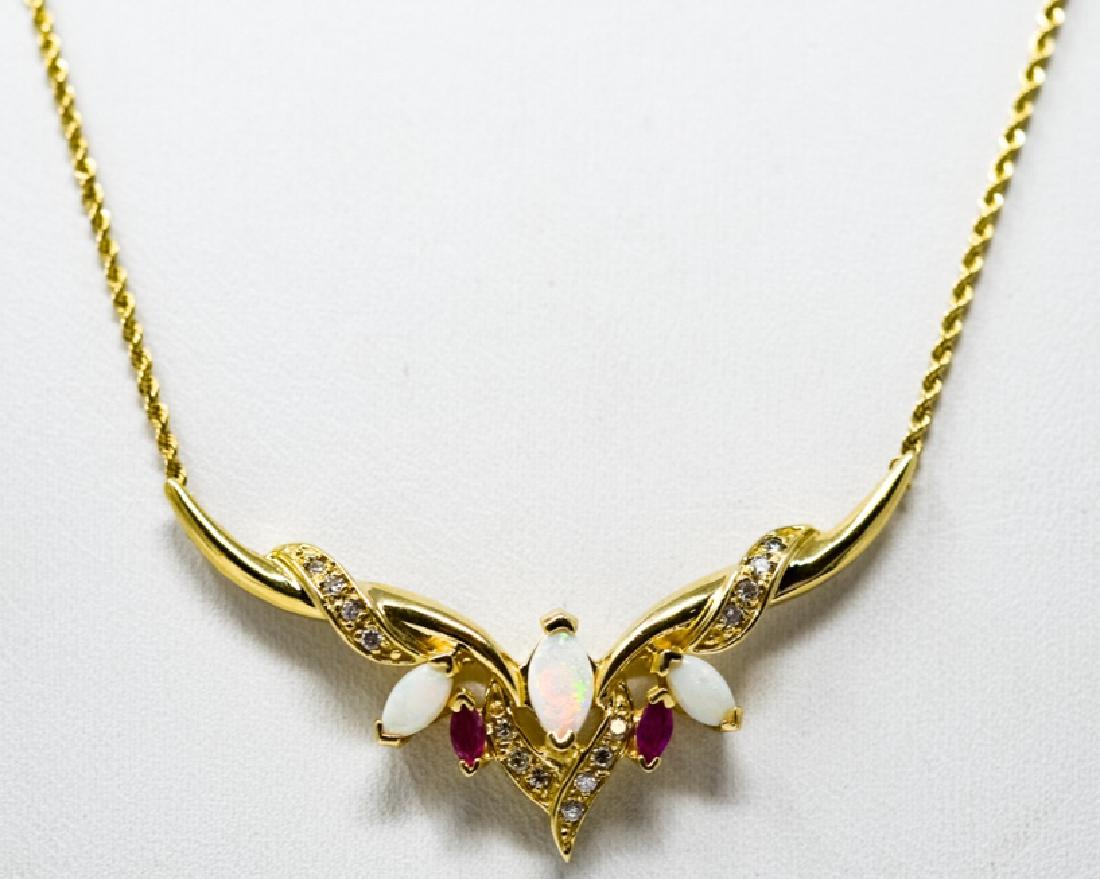 14kt Yellow Gold Diamond Opal & Ruby Necklace (1 of 7)