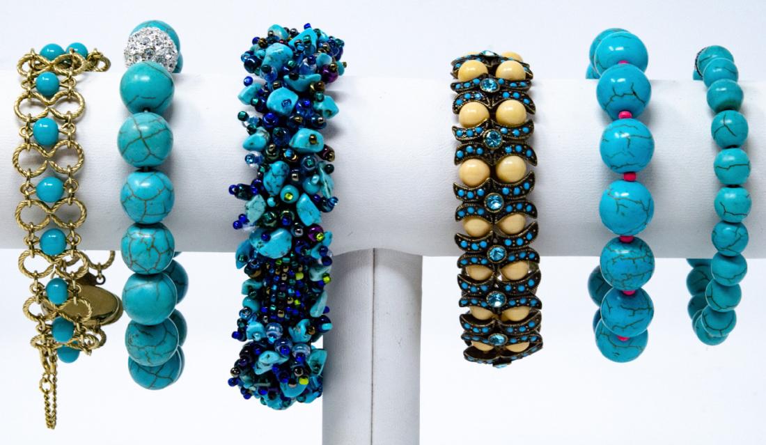 Six Composite Turquoise Beaded + Link Bracelets: Six Composite Turquoise Beaded + Link Bracelets. 6 assorted bracelets featuring turquoise beads or elements and other materials. Average opening is 3 inches.