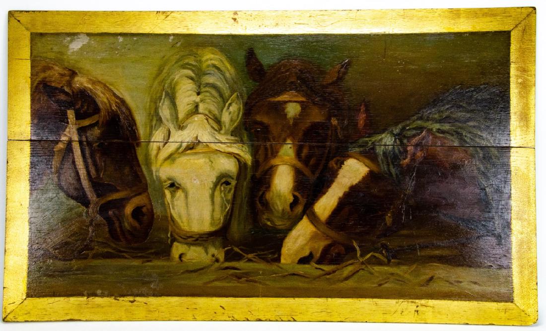 Oil on Wood Panel Painting Four Horses & Trough (1 of 6)