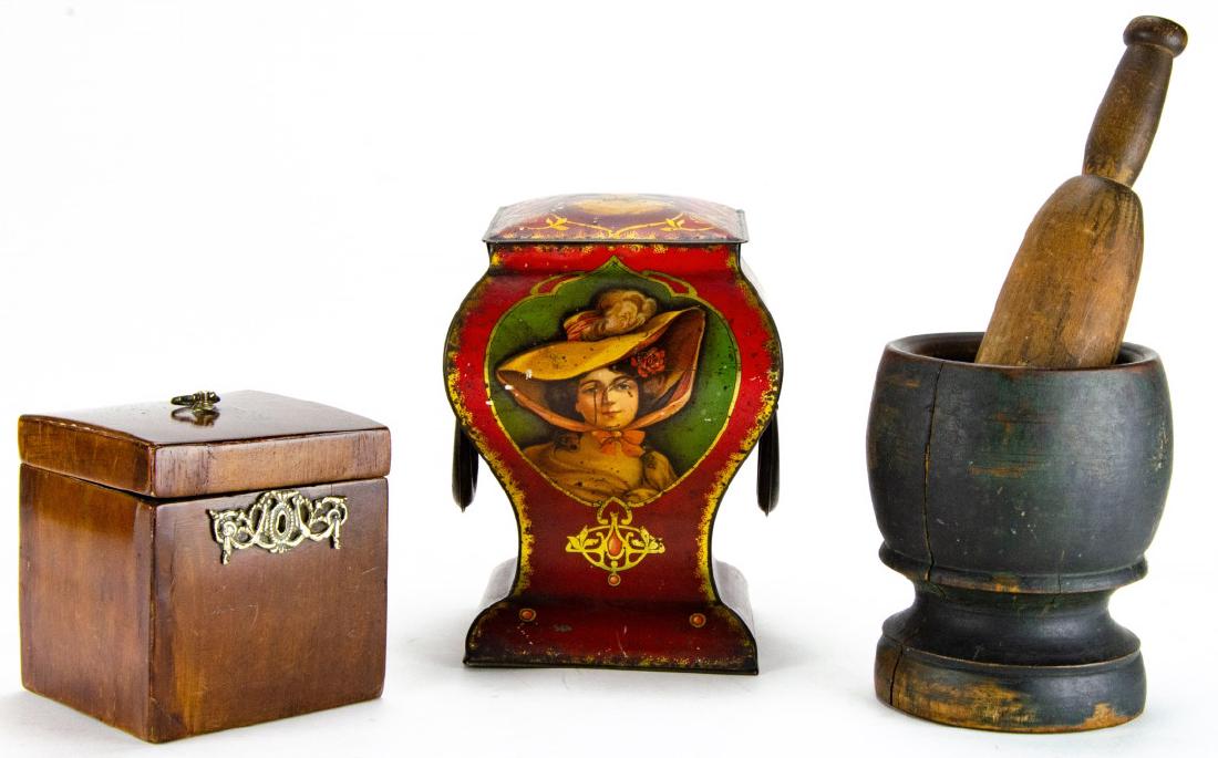 2 Tole Metal & Wood Boxes & Carved Mortar Pestle (1 of 8)