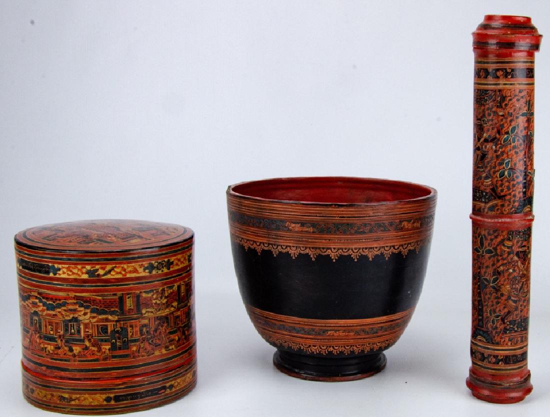 Trio Hand Painted Burmese Red Lacquer Containers (1 of 13)