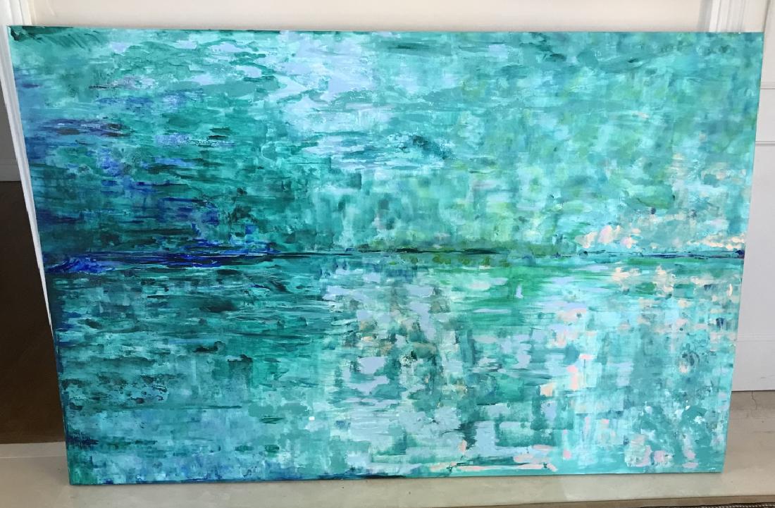 Barbara Fix - Contemporary Still Ocean Painting: Barbara Fix - Contemporary Still Ocean Water Painting. Large scale. Measures 48 x 72 inches. Property of a Larchmont, New York estate.