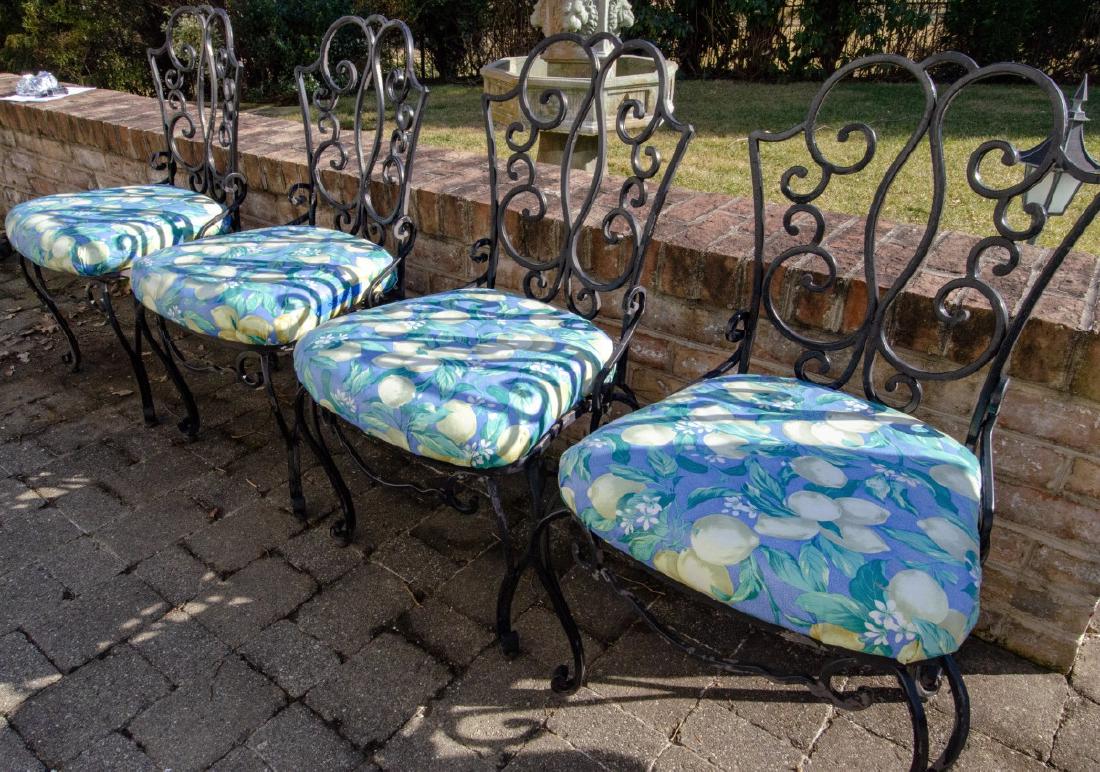 4 Cast Aluminum Outdoor Chairs: 4 Cast Aluminum Outdoor Chairs. Chairs are black with custom cushions that can be reupholstered. 37 inches x 21 inches x 19 inches. Property of a Larchmont, New York estate.