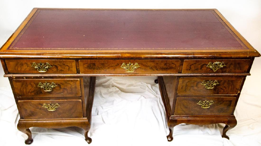 Queen Anne Style Leather Embossed Mahogany Desk (1 of 8)
