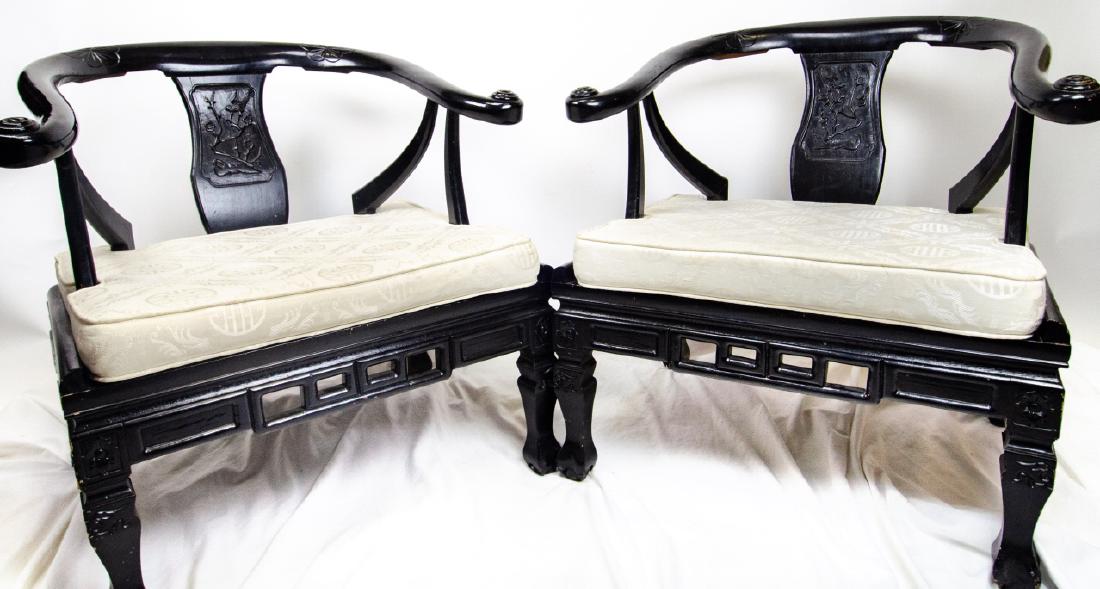 Pair of Chinese Horseshoe Black Lacquer Arm Chairs (1 of 9)