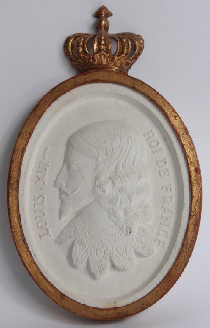Antique Crown Top Frame w King of France Plaque: Antique Crown Top Frame w King of France Plaque. Gilt metal ormolu frame with crown at top, bisque plaque of Roi de France Louis XIII. Measures 11 x 6.75 inches.
