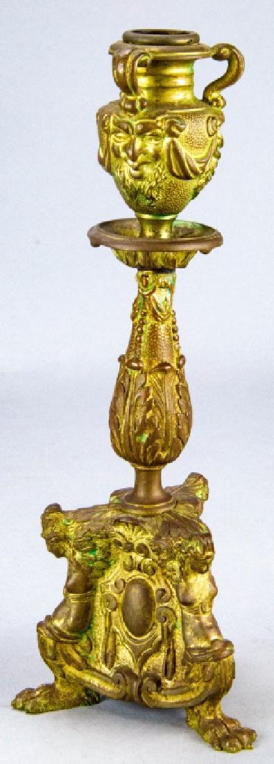 Antique 19th C Bronze Egyptian Revival Candlestick: Antique 19th C Bronze Egyptian Revival Candlestick. Antique 19th century gilt bronze ormolu Egyptian Revival ornate candlestick. Measures 10 inches in height.