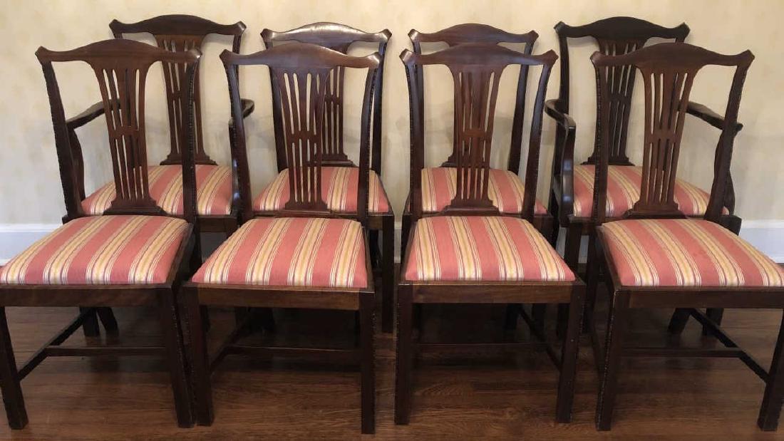 8 Antique 19th C English Chippendale Dining Chairs: Set of Eight Antique C. 1850 English Country Chippendale Style Dining Chairs. Custom silk upholstery. 2 arm chairs 39 inches x 22 inches x 18 inches, 6 side chairs 39 inches x 19 inches x 17 inches. P