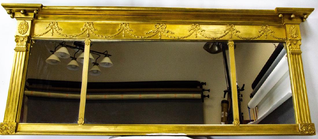 Antique 19th C. Gilt Wood English Sheraton Mirror: Antique 19 C. Gilt Wood Gold Leaf Sheraton 3 Section Mirror. Paid $4000. 26 inches x 66 inches. Property of Rye, NY estate.