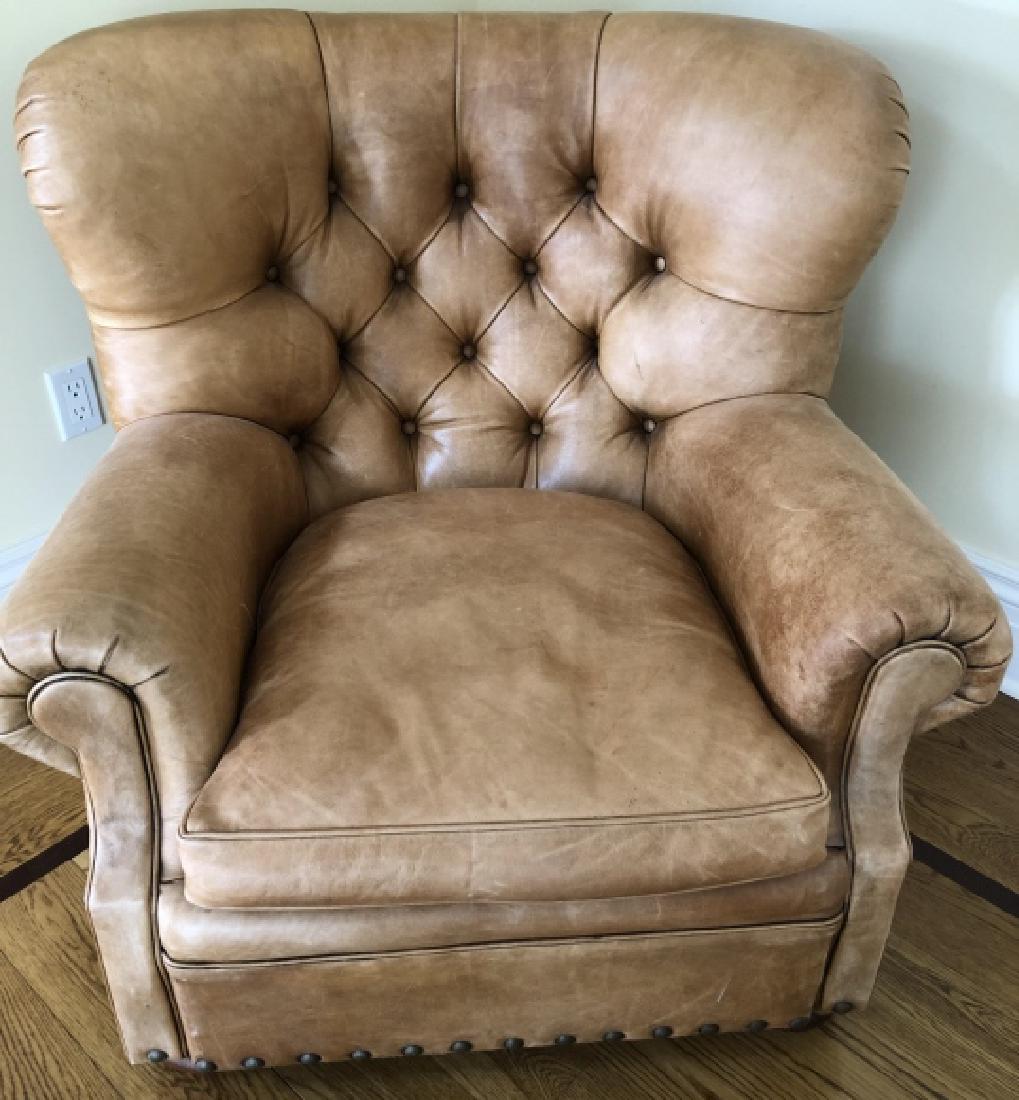Ralph Lauren Chesterfield Style Leather Chair: Ralph Lauren by Henredon Chesterfield Style Leather Chair. Tufted distressed leather chair with brass nail head trim. 35 inches x 40 inches x 40 inches. From a Greenwich, Ct estate.