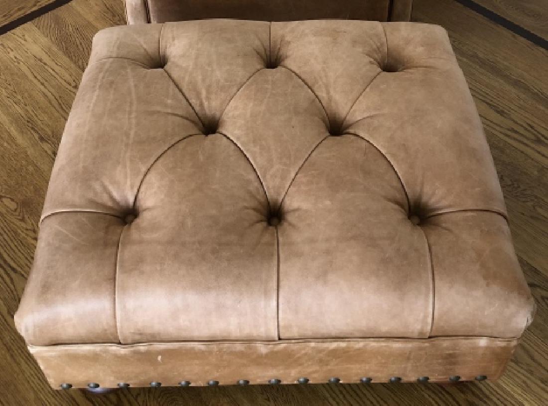 Ralph Lauren Chesterfield Style Leather Ottoman: Ralph Lauren by Henredon Chesterfield Style Leather Ottoman. Tufted distressed leather ottoman with brass nail head trim. 35 inches x 40 inches x 40 inches. From a Greenwich, Ct estate.