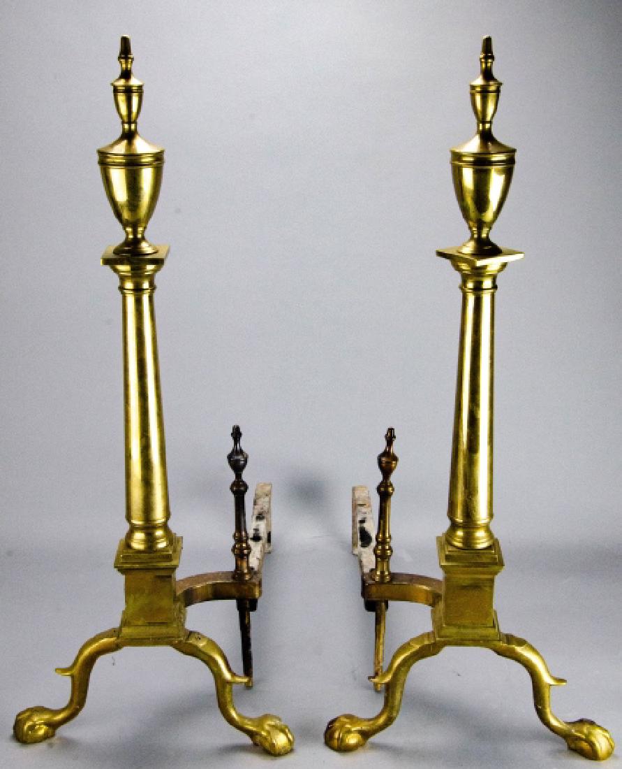 Pair Regency Style Brass Andirons W Claw Feet: Pair Regency Style Brass Andirons W Claw Feet. 26 inches x 11 inches x 18 inches. Property of Rye, NY estate.