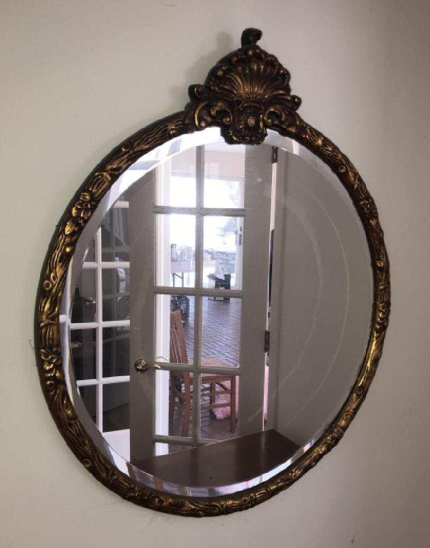 Antique Gold Tone Faux Bois Round Mirror: Antique Gold Tone Faux Bois Round Mirror w Scroll Pediment. Measures 29 inches in height. Property of a Katonah, New York estate.