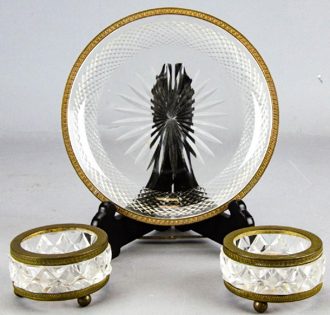Antique French Baccarat Style Crystal & Ormolu Set: Antique French Baccarat Style Crystal & Ormolu Set. Serving bowl and pair of salt cellars. Bowl measures 7 inches in diameter.
