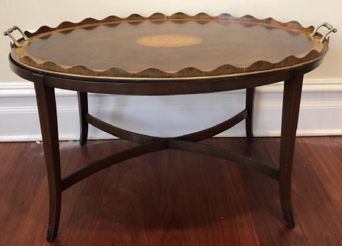 Antique Georgian Tray Table Shell Motif, Gallery: Antique English Georgian Coffee Tray Table with Shell Motif, and Gallery. Small form coffee table with gallery and removable tray with brass handles. Conch shell motif marquetry on tray surface. 19 in