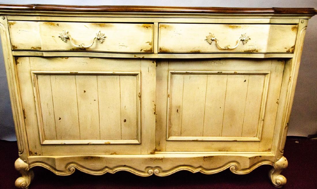 Hooker Furniture French Provincial Console Cabinet: Hooker Furniture French Provincial Style Console Cabinet. May be used as a console cabinet or entertainment center. Features two pull-out drawers and a lower cabinet with interior shelving. 35.5 inche