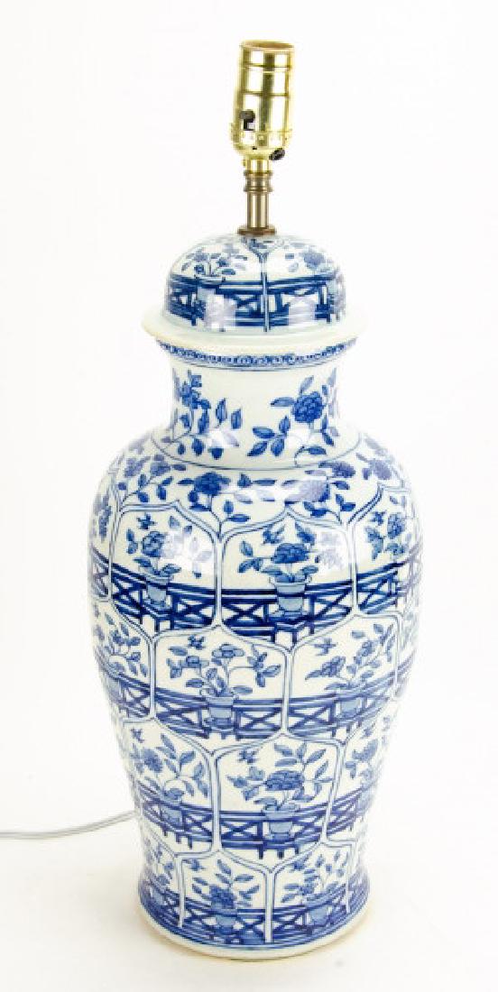 Chinese Blue & White Porcelain Ginger Jar Lamp: Chinese Blue & White Porcelain Ginger Jar Lamp. Wired for electricity. 22 inches x 7 inches in diameter.
