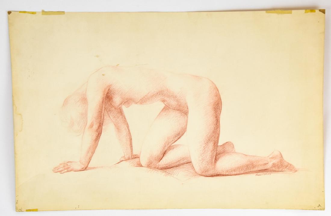 Leon Kroll Sanguine on Paper Drawing Female Nude: Leon Kroll Sanguine on Paper Drawing Female Nude. This sanguine on paper drawing of a female nude figure by artist Leon Kroll (American, 1884-1974) is signed in the lower right. Paper measures 14.75 i
