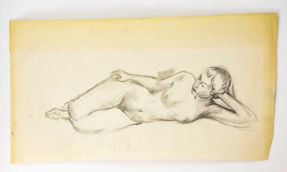 Leon Kroll Archive Collection W Original Drawing: Leon Kroll Archive Collection W Original Drawing. This lot includes a copper engraving plate of the artist, a letter addressed to the artist, a magazine, and a pencil on paper drawing depicting a recl