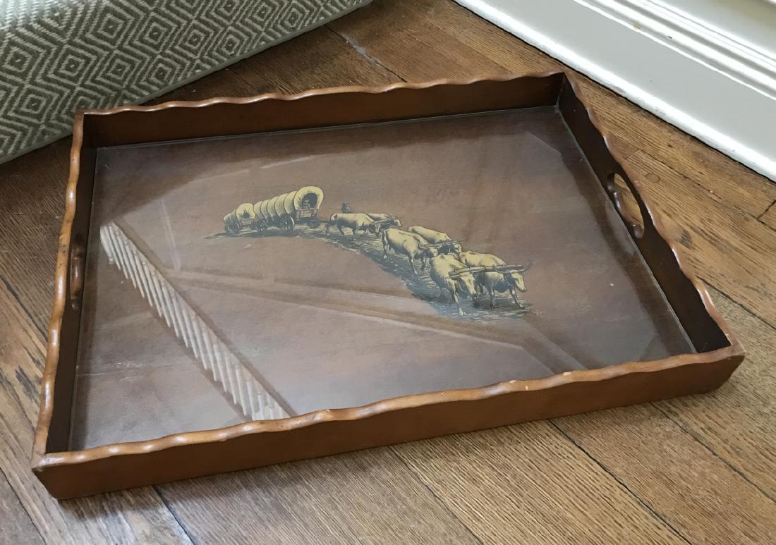 American Country Style Serving Tray w Wagon Motif: American Country Style Serving Tray w Wagon Motif. Measures 20.5 x 28 inches. From a Katonah, New York estate.