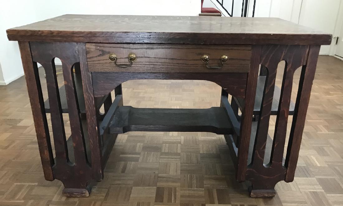 Antique American Craftsman Style Oak Veneered Desk: Antique American Craftsman Style Oak Veneered Desk. Open shelves on sides. Measures 30 x 48 x 28 inches. Property of a Katonah, New York estate.