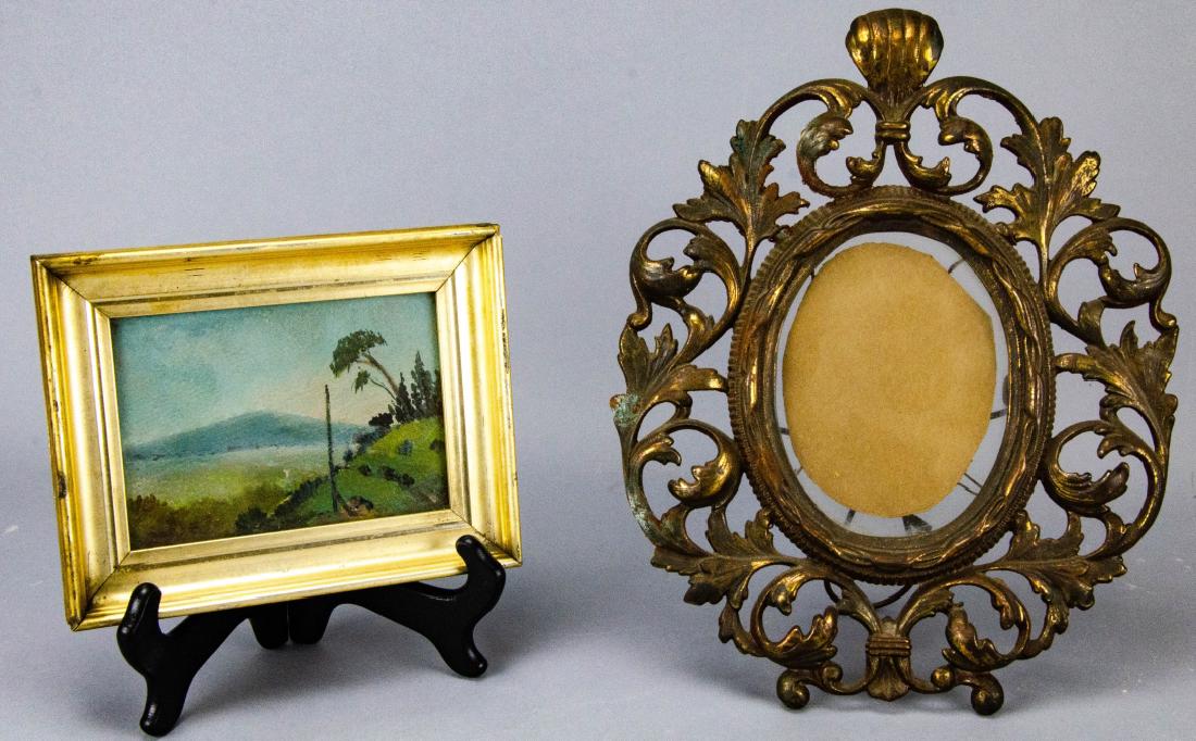 Antique Frame & Miniature Watercolor Painting: Antique Frame & Miniature Watercolor Painting. This lot includes an antique ormolu standing picture frame and a miniature watercolor landscape painting. Painting measures 5.5 inches x 7 inches in fram