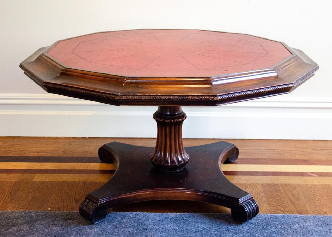 Pedestal Base Coffee Table w Embossed Leather Top: Pedestal Base Coffee Table w Embossed Leather Top. Measures 18.5 x 34 x 34 inches. Property of a Larchmont, New York estate.