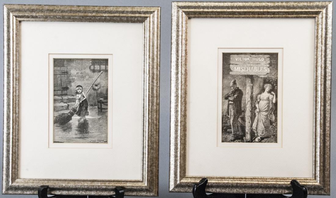 Pair of Emile Bayard Engravings Les Miserables: Pair of Emile Bayard Engravings Les Miserables. From Hugo's Les Miserables. One depicts Cosette sweeping and one depicts cover page. Professionally matted and frame. Each measures 11.5 inches x 9.5 in