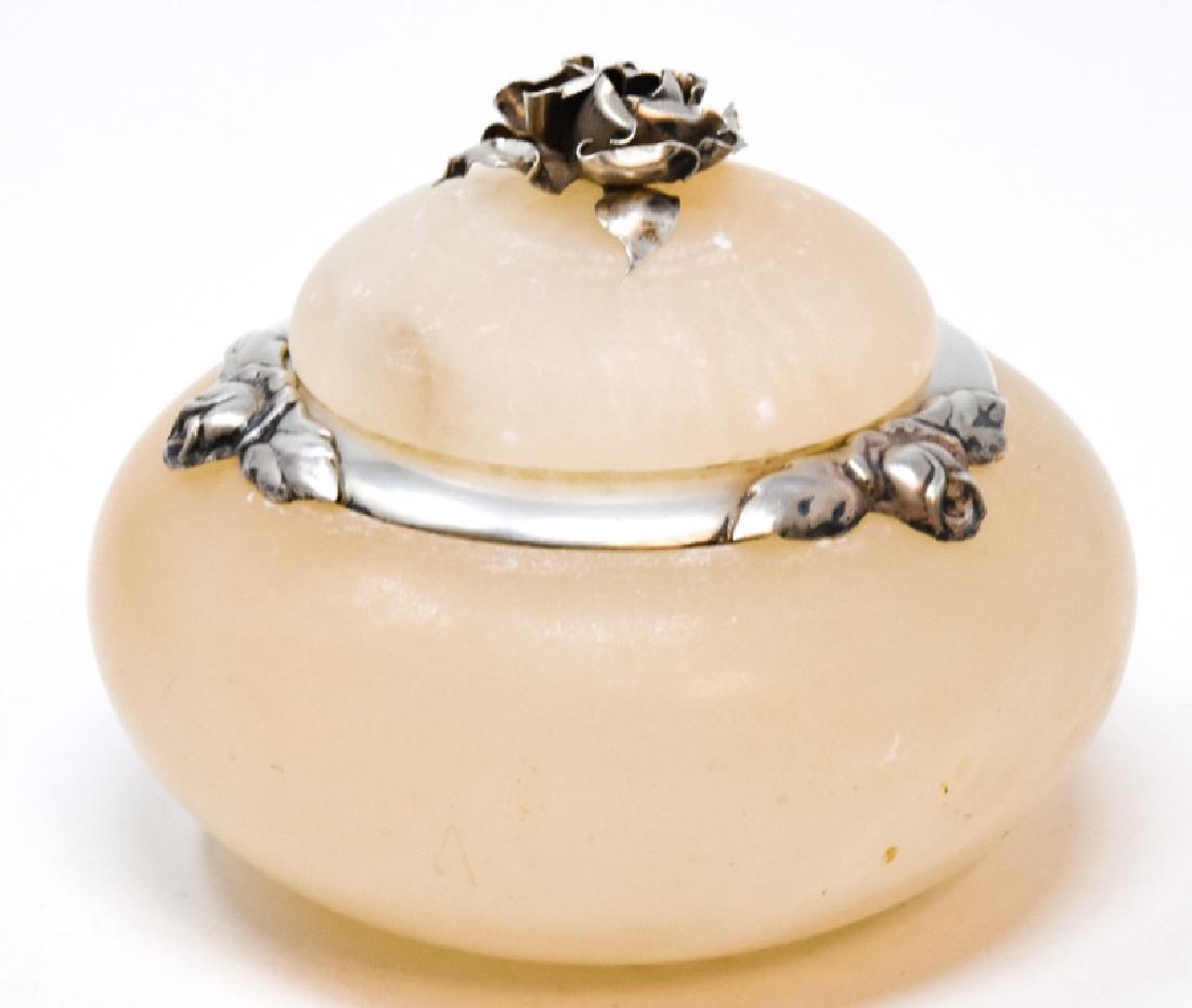 uAntique Danish Sterling Silver & Alabaster Box: Antique Danish Sterling Silver & Alabaster Box. Danish hallmarks. Measures 3.25 inches in diameter.