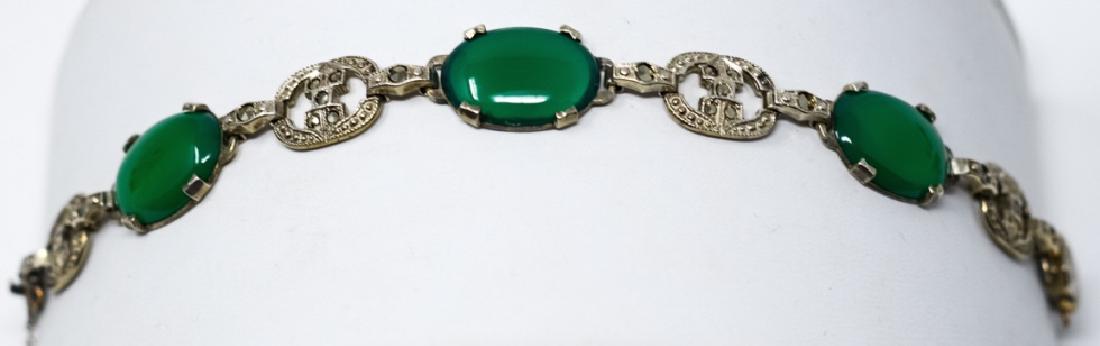 Antique Sterling & Marcasite Art Deco Bracelet: Antique Sterling & Marcasite Art Deco Bracelet. With jade glass. Measures 6.75 inches in length and has safety chain.