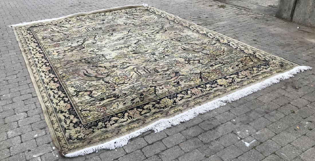 Whittall Marion Wilton Chinese Art Deco Rug: Whittall Marion Wilton Chinese Art Deco Rug. Wool, features a floral and pheasant bird motif in green tones. Fringed on two sides. 150 inches x 106.5 inches.